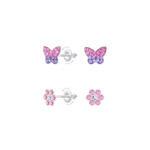 Silver Butterfly and Flower Screw Back Earrings Set