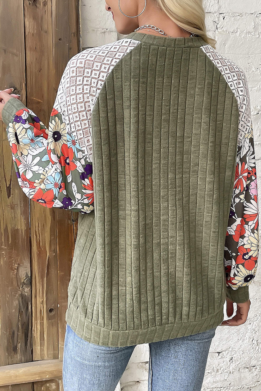 Vineyard Green Plus Size Textured Floral Patchwork Raglan Sleeve Top