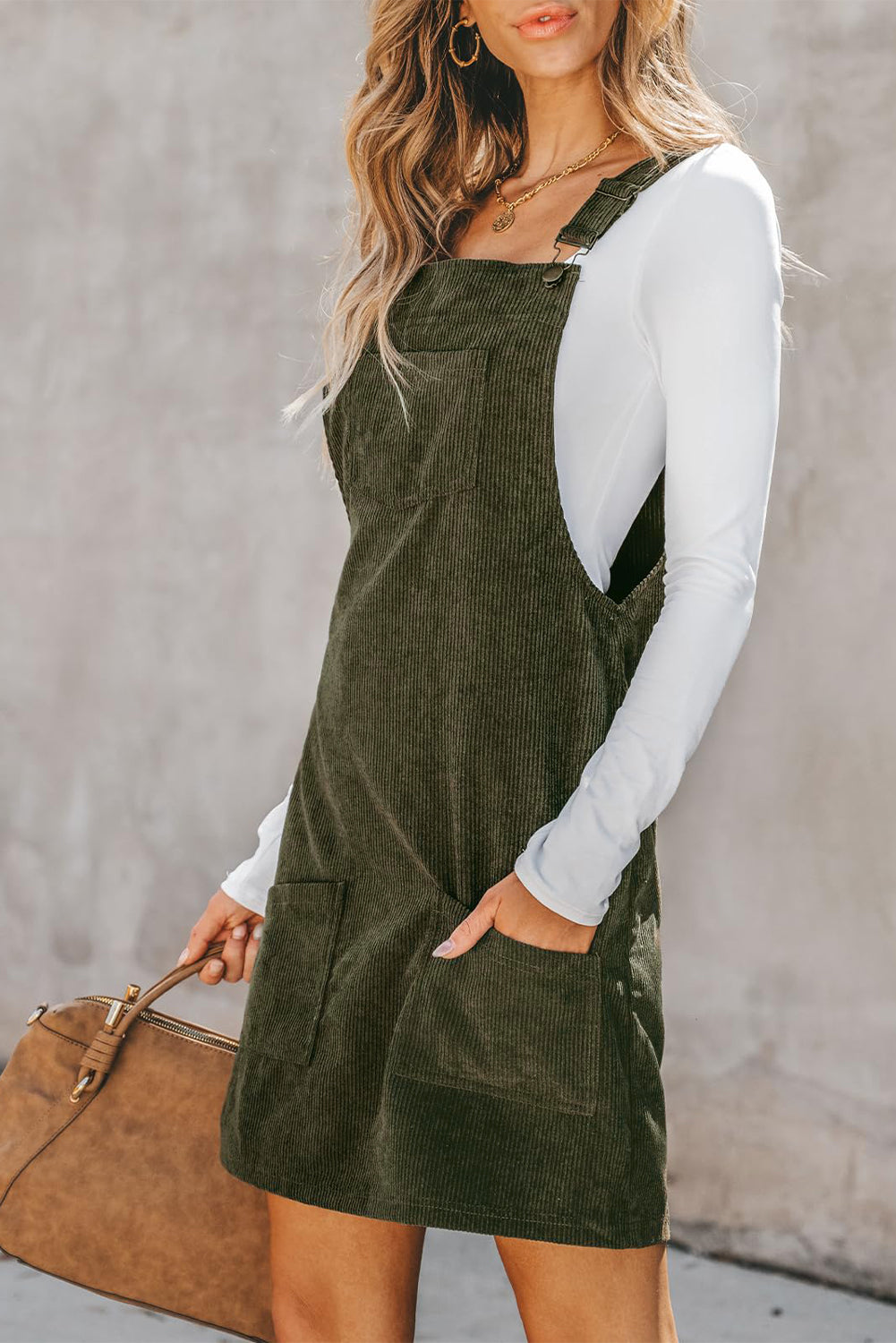 Vineyard Green Corduroy Front Pockets Overall Dress