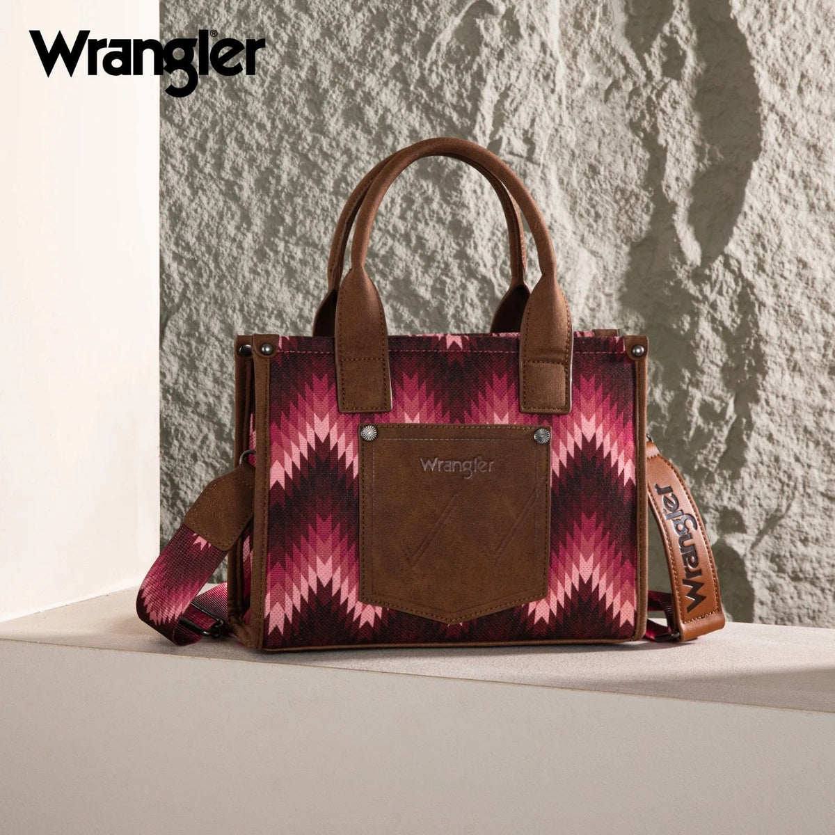 WG2211-8120S Wrangler Southwestern Pattern Dual Sided Print Tote/Crossbody - DARK PINK