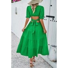 Solid Open Back Deep V Ruffle Puff Sleeves Dress