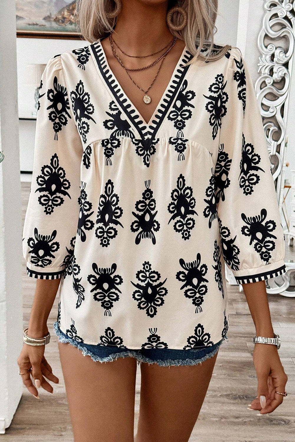 Orange Ethnic Abstract Print Puff Sleeve V Neck Blouse