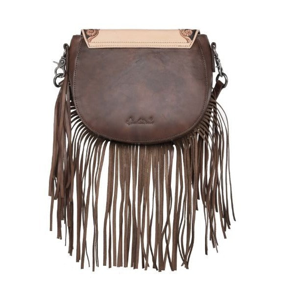 Montana West 100% Genuine Leather Hand Tooled Fringe Saddle Bag