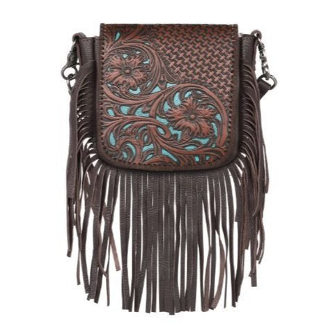 RLC- -BR Montana West Genuine Leather Tooled Collection Fringe Crossbody