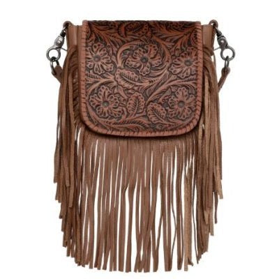 Montana West Genuine Leather Tooled Collection Fringe Crossbody