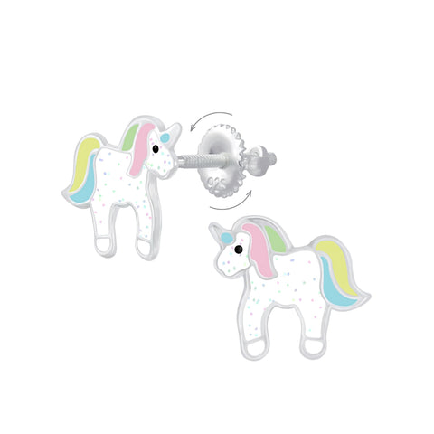 Silver Unicorn Screw Back Earrings.