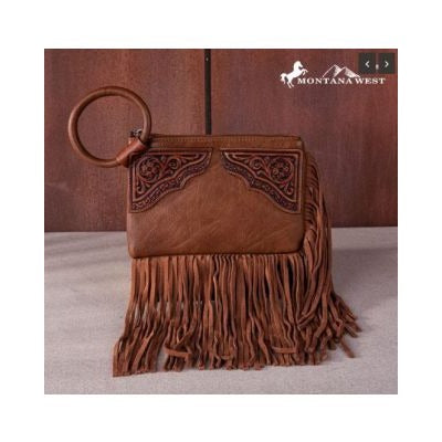 Montana West Floral Tooled Fringe Ring Handle Wristlet Clutch Bag