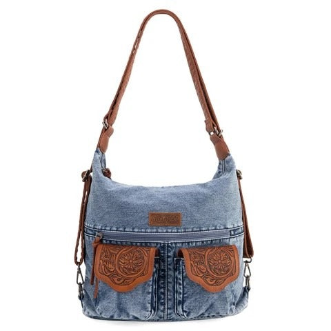 Convertible hobo, backpack, crossbody made of denim jean and PU leather this convertible shoulder bag