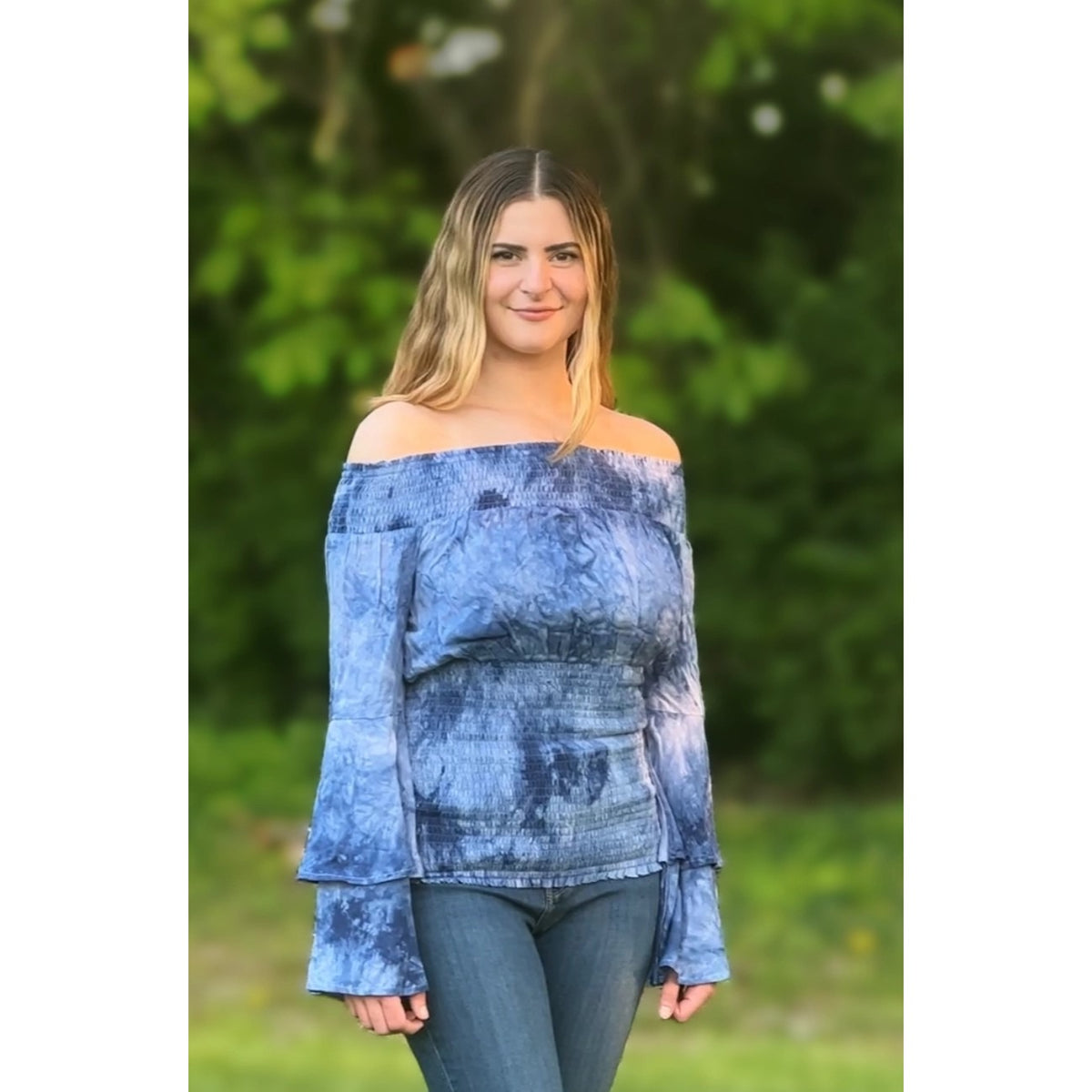 Tie-dye. off-shoulder top flare sleeves with smocking neck & waist