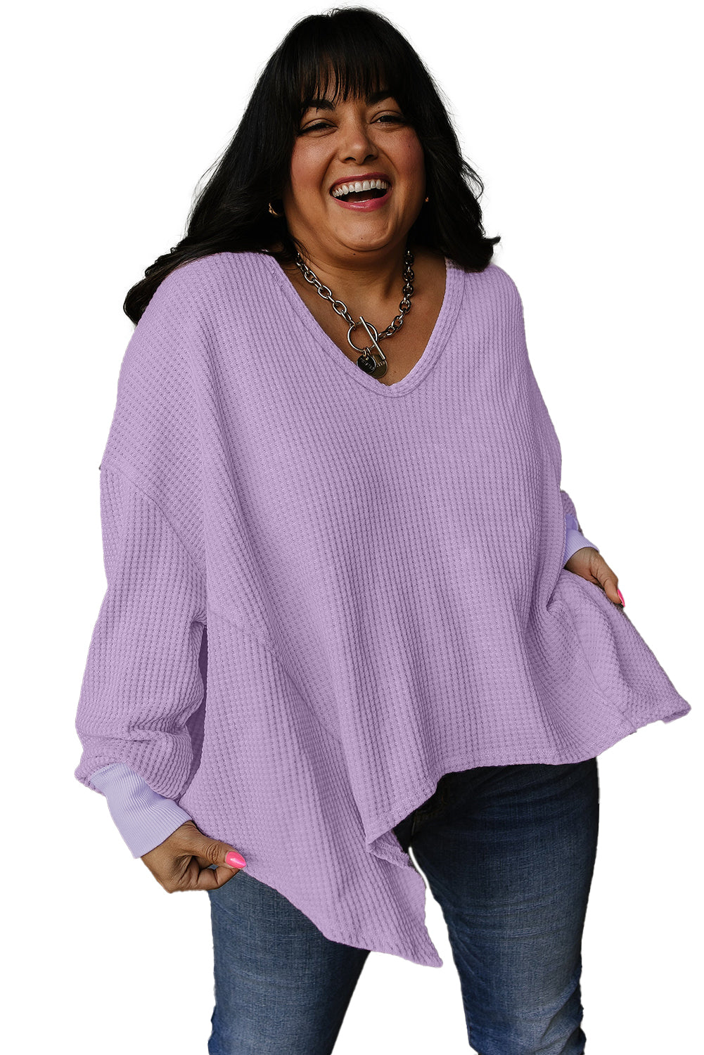 Orchid Petal Plus Size Waffle Knit Exposed Seam Flowy Top