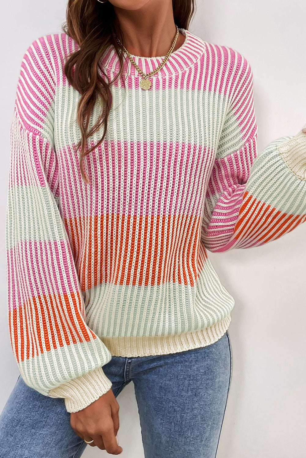 Brown Colorblock Lantern Sleeve Rib Knitted Sweater