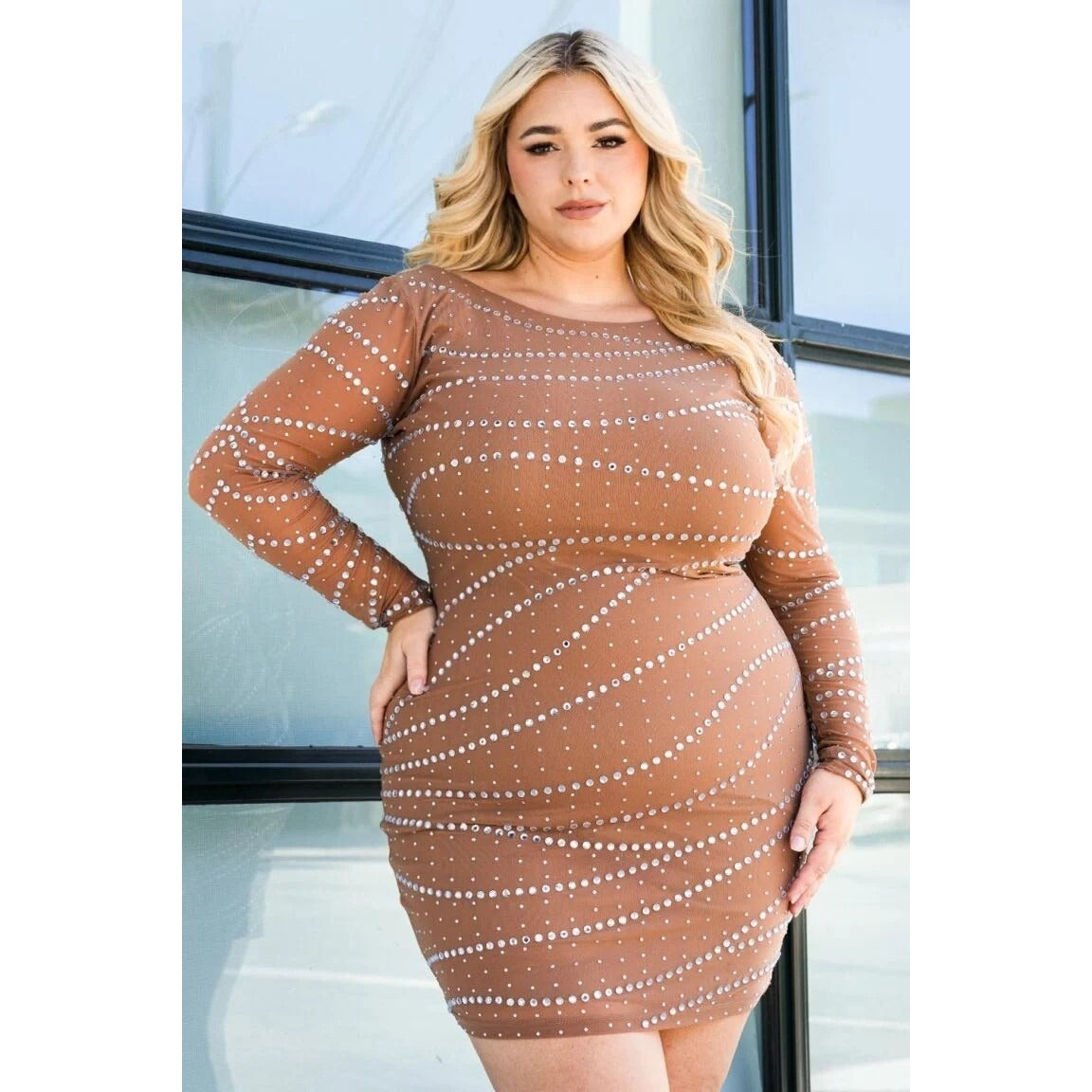 MULTI SIZE RHINESTONE MESH PLUS SIZE MINI DRESS