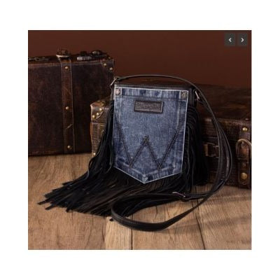 Wrangler Leather Fringe Jean Denim Pocket Crossbody