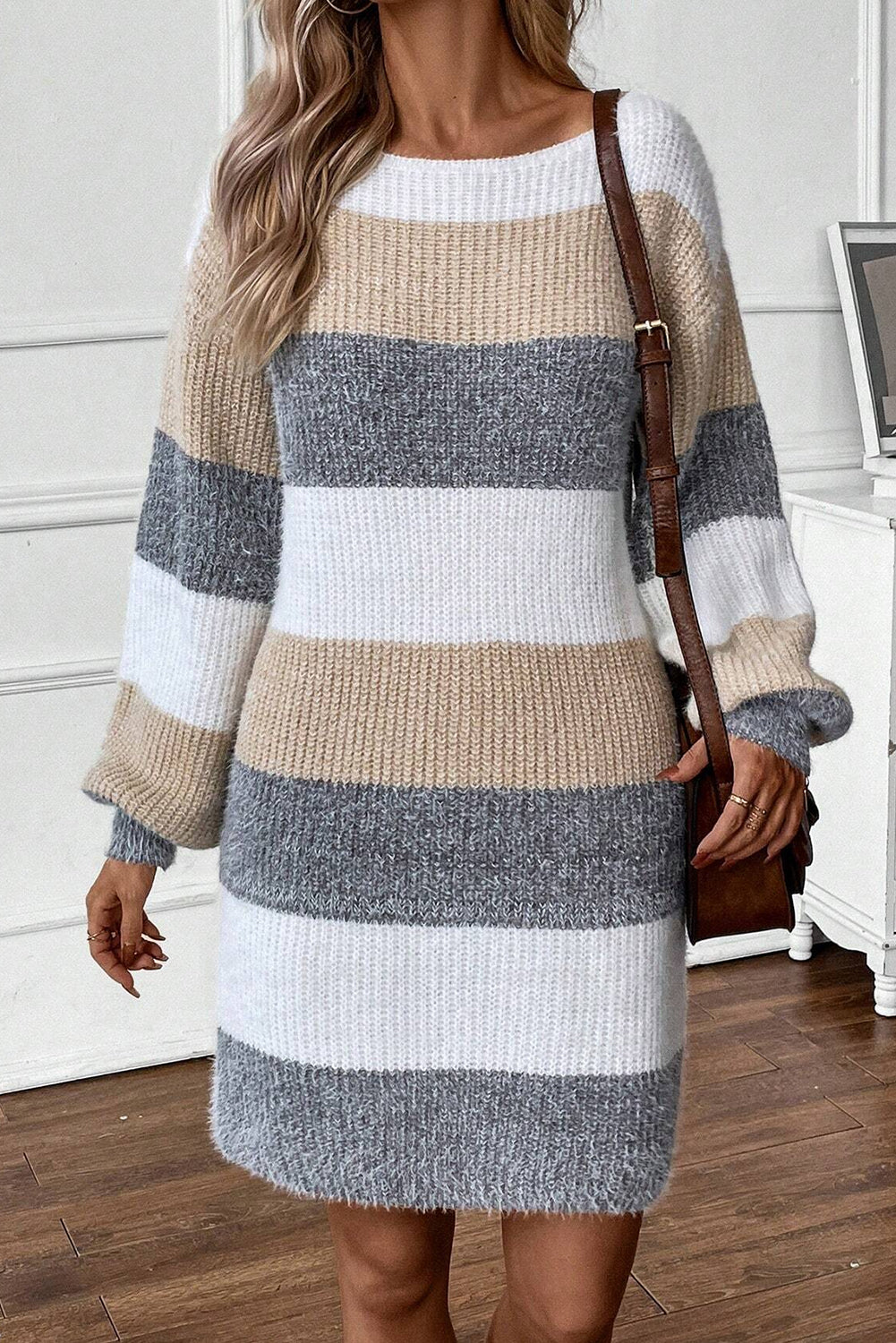 Gray Stripe Color Block Bubble Sleeve Drop Shoulder Sweater Dress