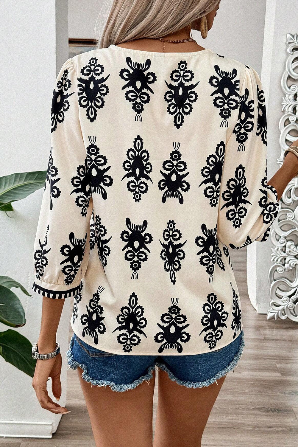 Orange Ethnic Abstract Print Puff Sleeve V Neck Blouse