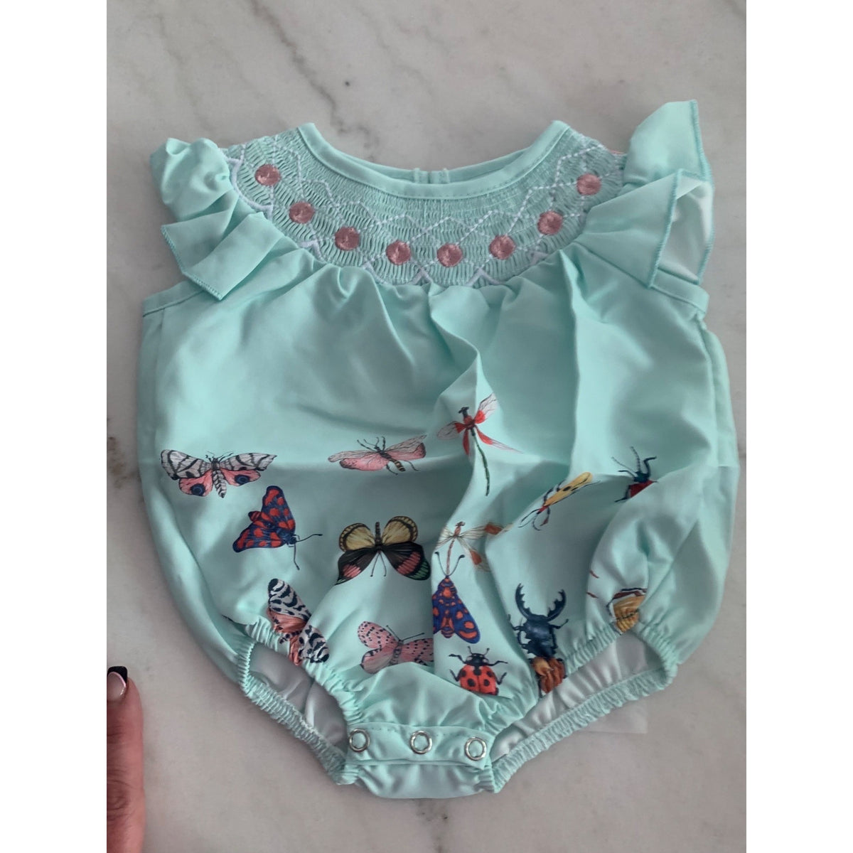 Baby Girls Mint Green Butterfly Ruffle Romper Outfit Snap Closure 100% Cotton