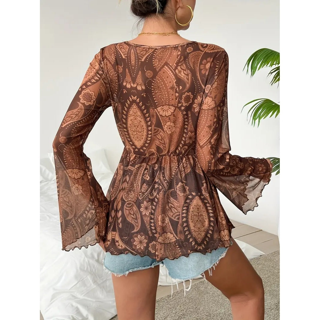 .Paisley Print Tucked Tie Front Blouse, Vacation Style Bell Sleeve Plunging Blouse