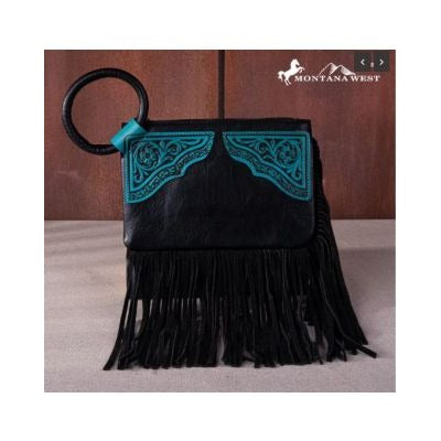 Montana West Floral Tooled Fringe Ring Handle Wristlet Clutch Bag