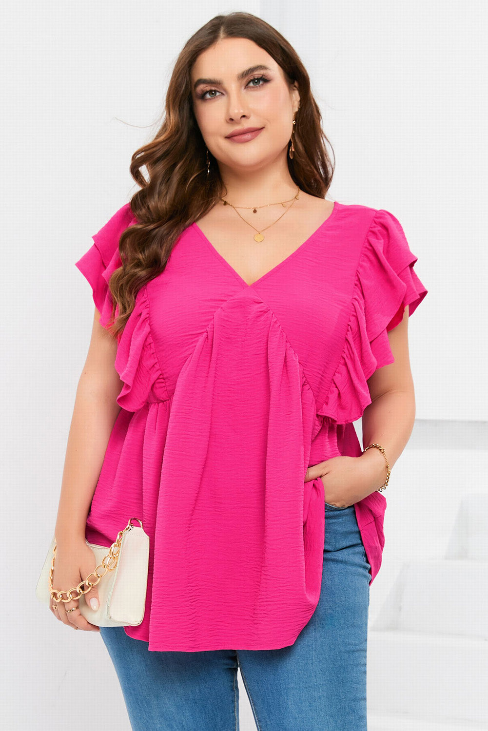 Pink Crinkle V Neck Tie Back Ruffle Plus Size Top