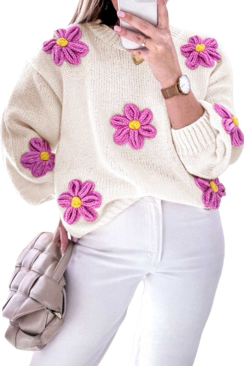 White Plus Size 60s Flower Drop Shoulder Knit Sweater