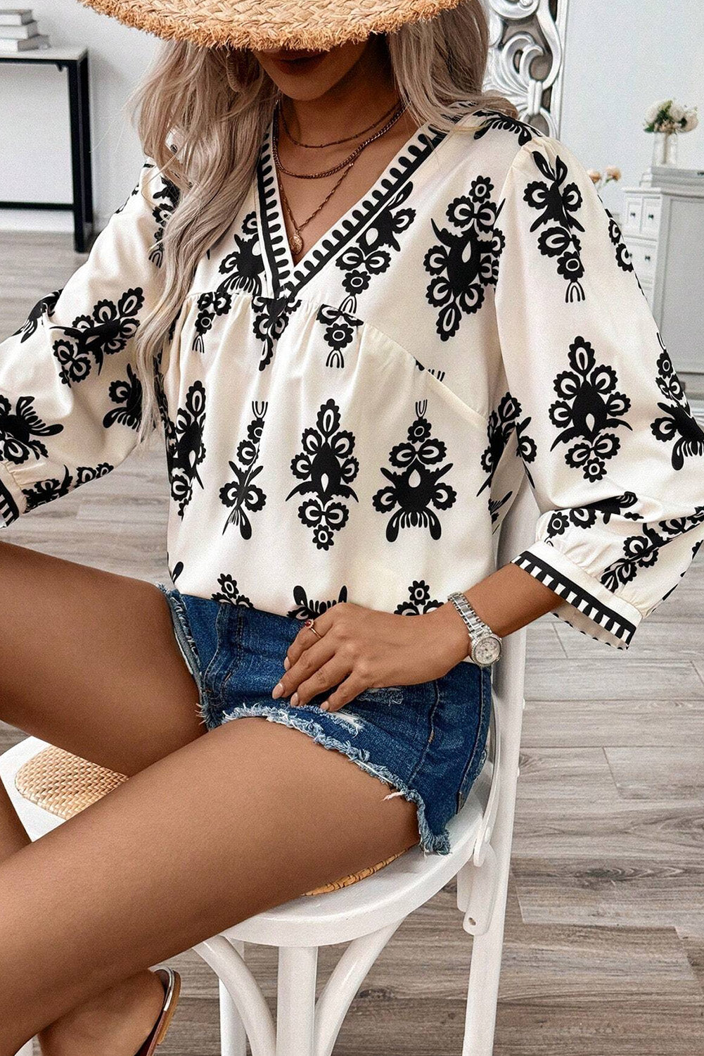 Orange Ethnic Abstract Print Puff Sleeve V Neck Blouse