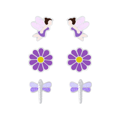 Silver Purple Stud Earrings Set