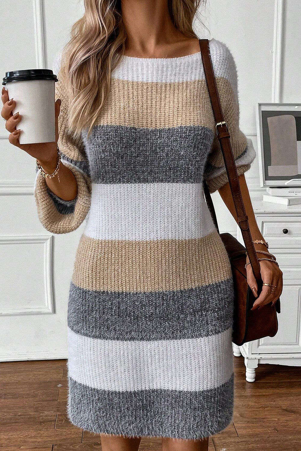 Gray Stripe Color Block Bubble Sleeve Drop Shoulder Sweater Dress