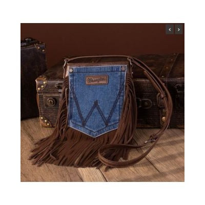 Wrangler Leather Fringe Jean Denim Pocket Crossbody