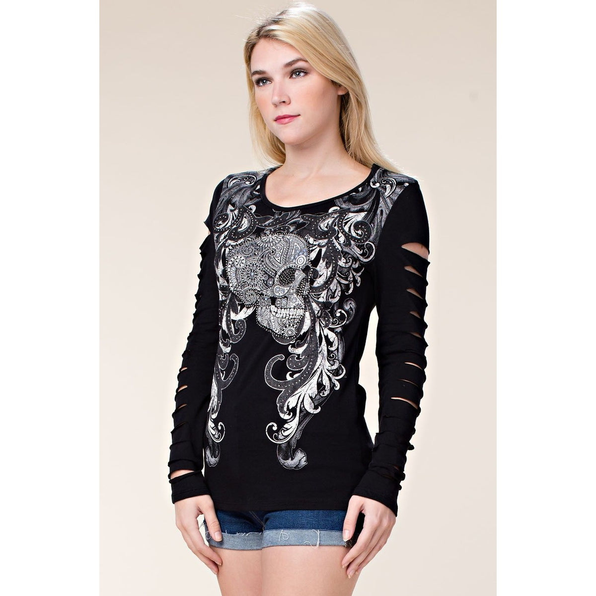 DYE CUT LONG SLEEVES WITH PRINT SKULL AND STONE