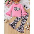 Children's Fashion Love Print Trumpet Long Sleeve T-shirt + Cow Print Trumpet Long Pants Set