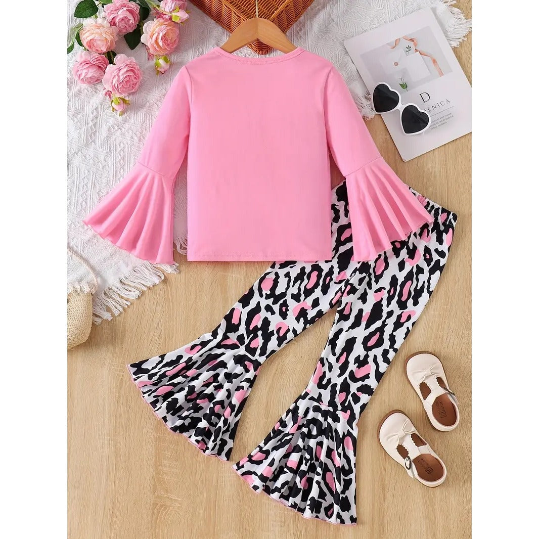 Children's Fashion Love Print Trumpet Long Sleeve T-shirt + Cow Print Trumpet Long Pants Set