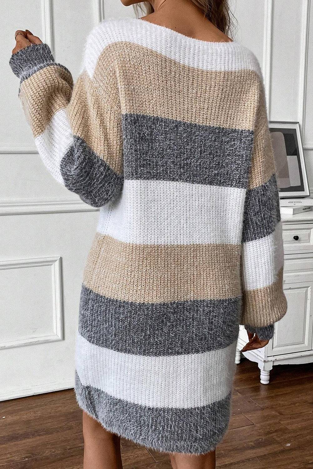 Gray Stripe Color Block Bubble Sleeve Drop Shoulder Sweater Dress