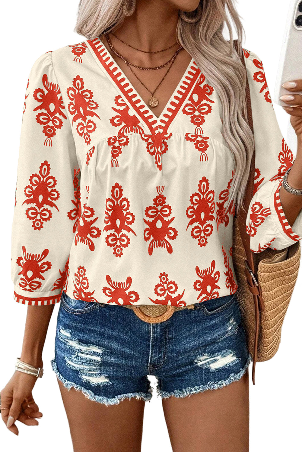 Orange Ethnic Abstract Print Puff Sleeve V Neck Blouse