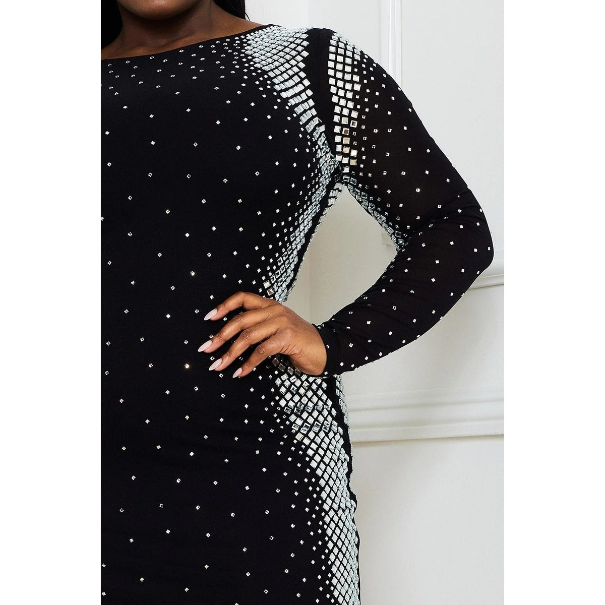 SQUARE AND RHINESTONE MESH PLUS SIZE MINI DRESS