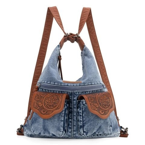 Convertible hobo, backpack, crossbody made of denim jean and PU leather this convertible shoulder bag