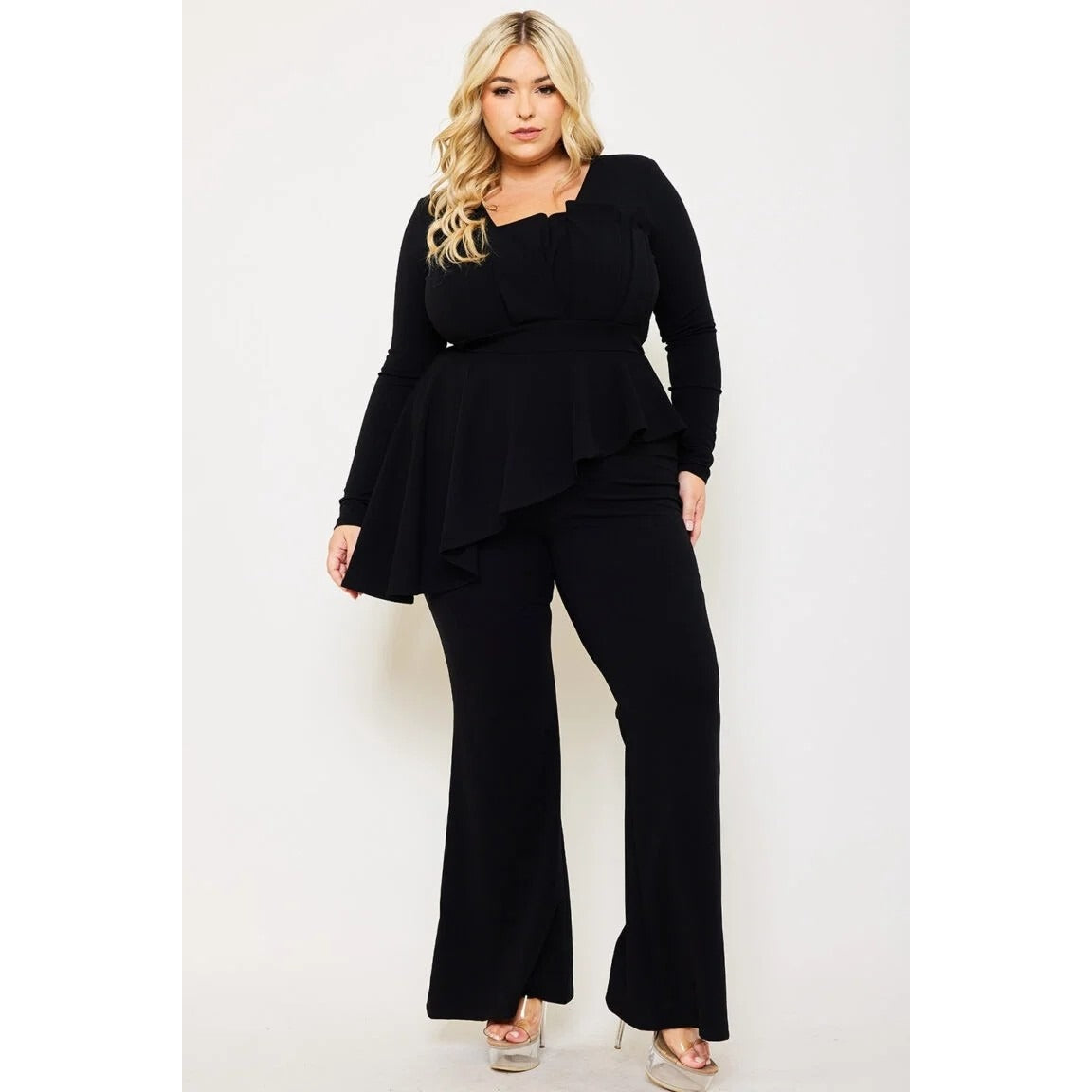 PEPLUM TOP PLUS SIZE JUMPSUIT ATTACHED SHOULDER PAD LONG SLEEVE SQUARE NECK ASYMMETRIC RUFFLE WAIST ZIPPER BACK BELL BOTTOM MODERATE STRETCH