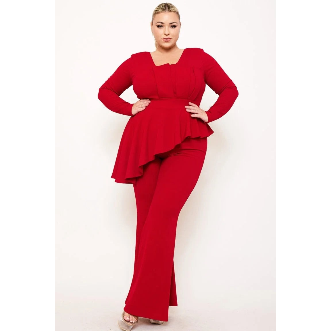 PEPLUM TOP PLUS SIZE JUMPSUIT ATTACHED SHOULDER PAD LONG SLEEVE SQUARE NECK ASYMMETRIC RUFFLE WAIST ZIPPER BACK BELL BOTTOM MODERATE STRETCH