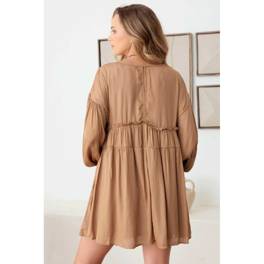 Tiered Double Side Pocket Balloon Sleeve Satin Dress