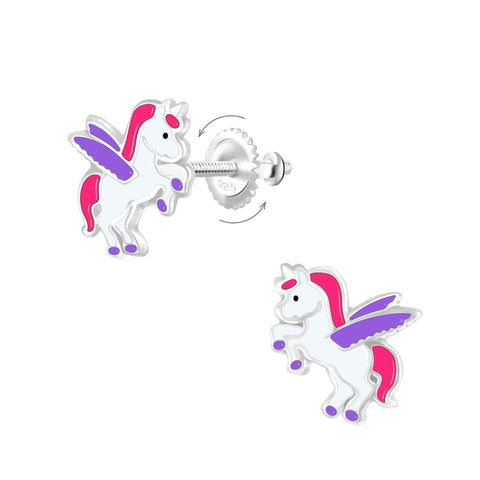 Silver Winged Unicorn Screw Back Earrings