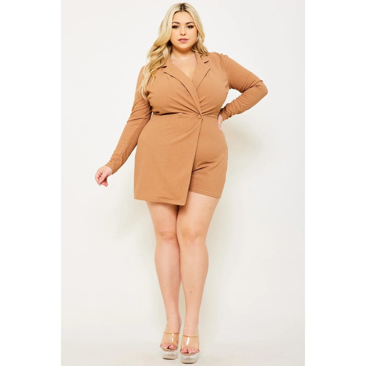 GLITTERED SUIT PLUS SIZE ROMPER BUTTON DETAIL FRONT LONG SLEEVE