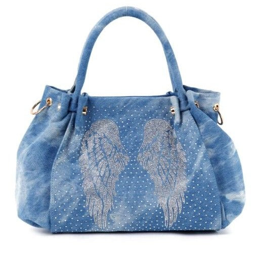 ANGEL WING DENIM BLING TOTE BAG