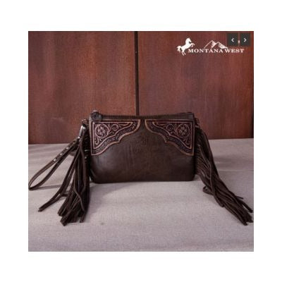 . Montana West Floral Tooled Fringe Wristlet Clutch/Crossbody