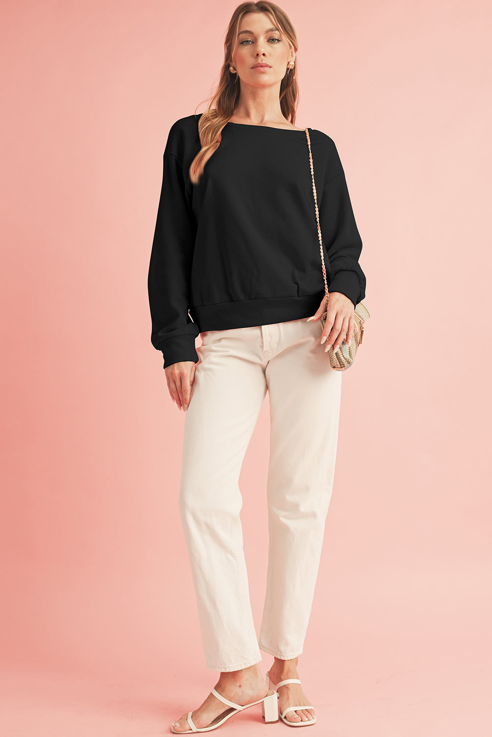 Black Bowknot Plain Round Neck Sweatshirt