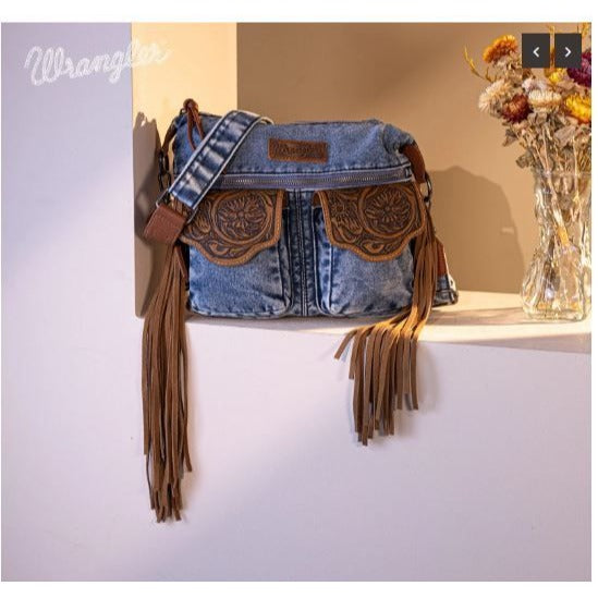 Wrangler by Montana West Genuine leather fringe Floral tooled on the flap with magnetic button