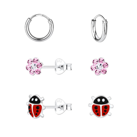 Silver Flower and Ladybug Stud Earrings Set