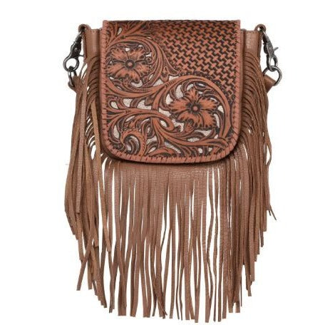 RLC- -BR Montana West Genuine Leather Tooled Collection Fringe Crossbody