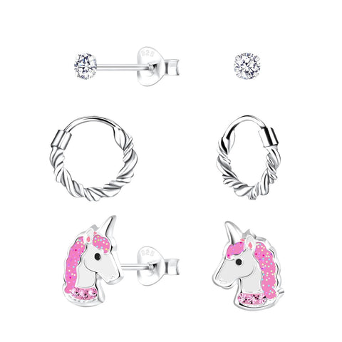 Silver Unicorn Earrings Set