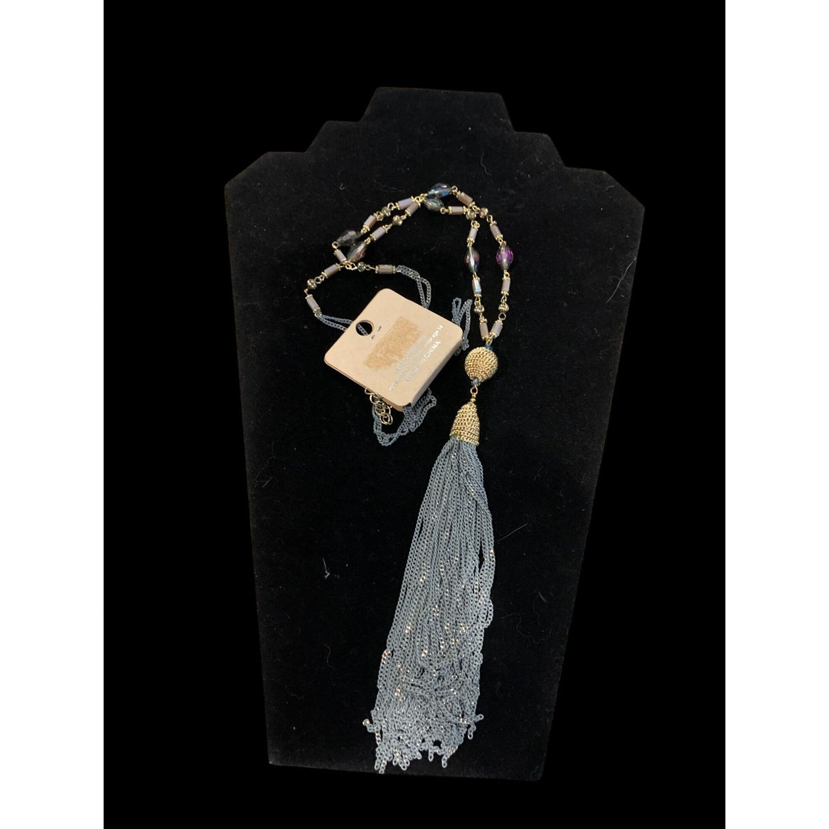 Long Beaded Chain with tassel in grey gold and mixed beads