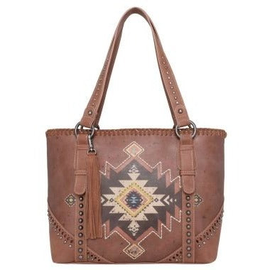 Montana West Aztec Collection Conceal Carry Tote Handbag With Whipstitch, Tassel And Studs