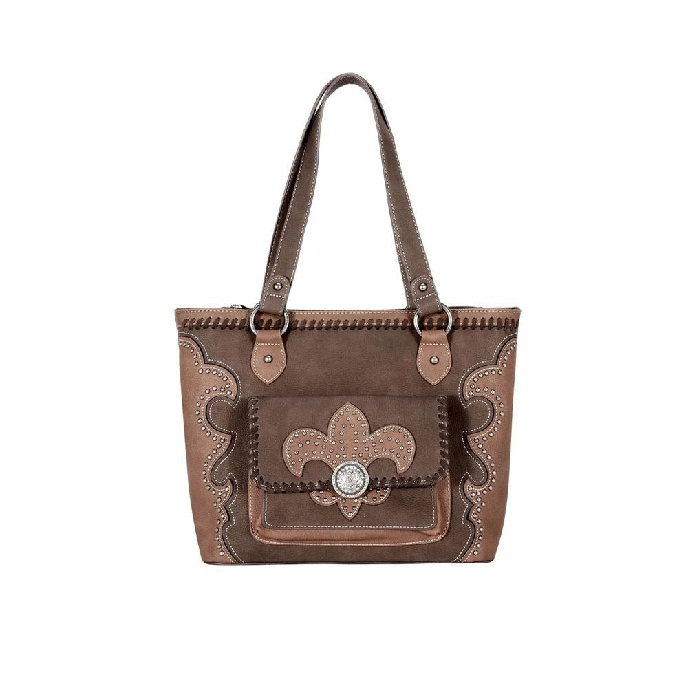 Montana West Fleur-de-Lis Collection Conceal Carry Tote Handbag With Whipstitch and Stud Accents